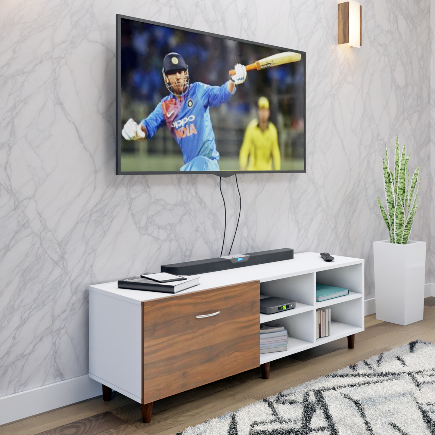 TV Unit | 1 Drawer, Open Shelves | Dual Color TV & Entertainment Unit VIKI FURNITURE Frosty White with Brussel Walnut