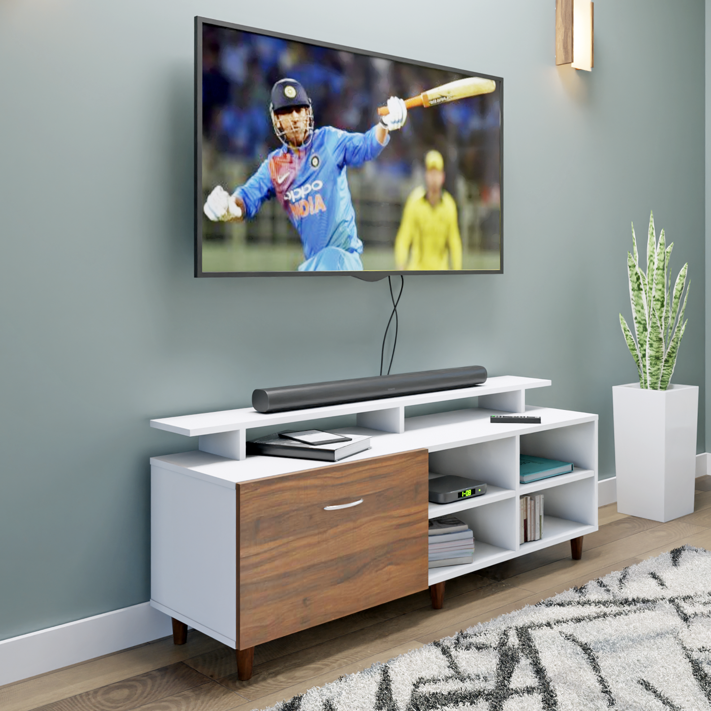 TV Unit | 1 Drawer, Open Shelves & Extension | Dual Color TV & Entertainment Unit VIKI FURNITURE Frosty White with Brussel Walnut