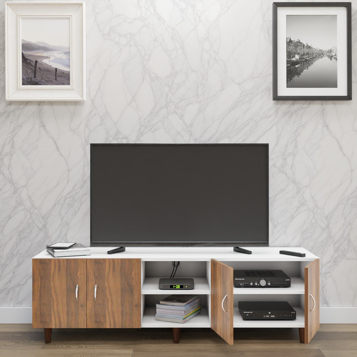 TV unit | 4 Doors, Open Shelves | Dual Color TV & Entertainment Unit VIKI FURNITURE