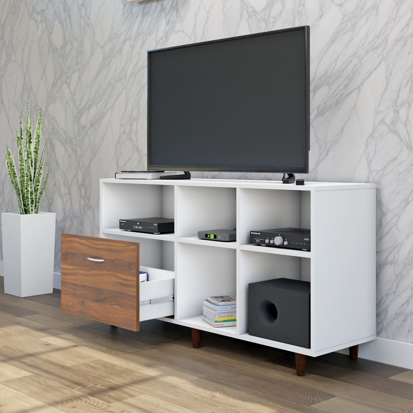 TV Unit | 1 Drawer, Shelf & Open Shelves | Dual Color TV & Entertainment Unit VIKI FURNITURE