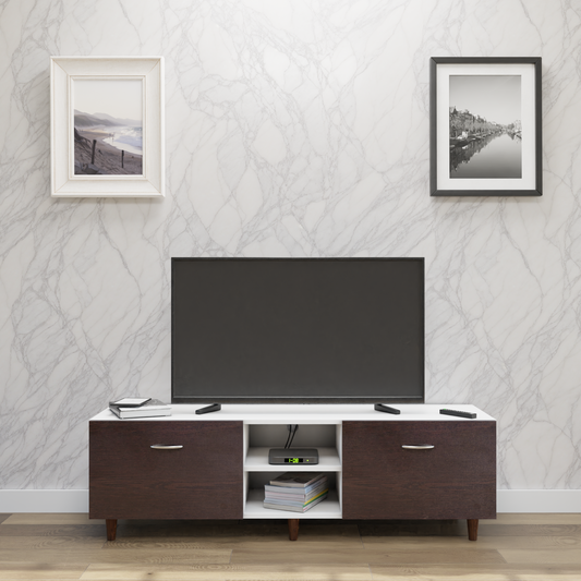 TV Unit | Drawers, Open Shelf | Dual Color TV & Entertainment Unit VIKI FURNITURE Frosty White with Dark Wenge