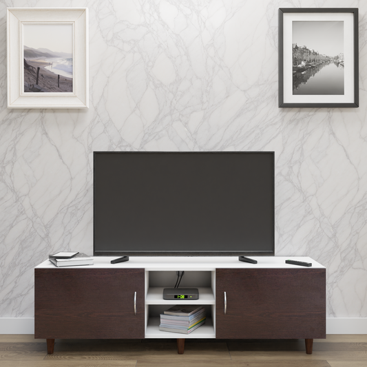TV Unit | 2 Doors, Open Shelves | Dual Color TV & Entertainment Unit VIKI FURNITURE Frosty White with Dark Wenge