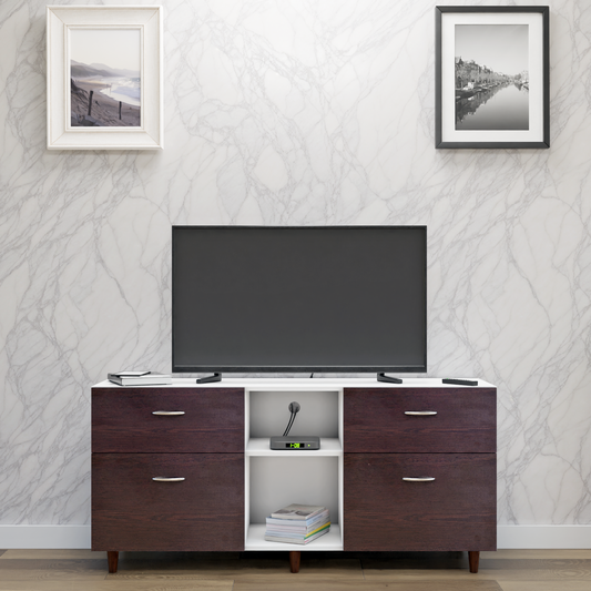 TV unit | 4 Drawers, Open Shelves | Dual Color TV & Entertainment Unit VIKI FURNITURE Frosty White with Dark Wenge