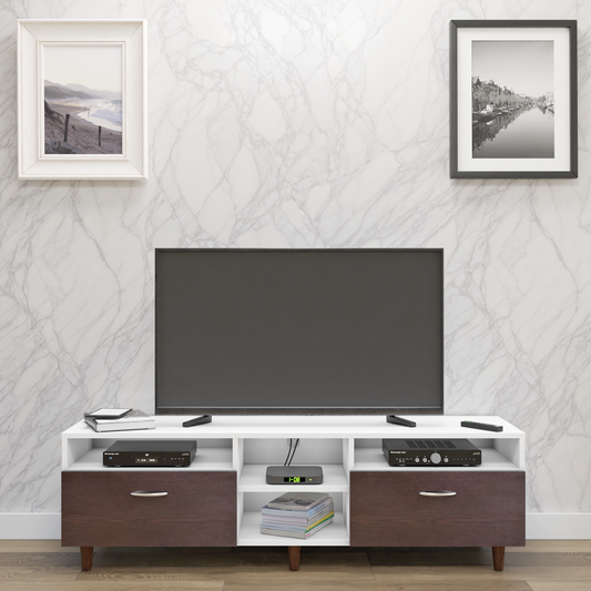 TV Unit | 2 Drawers, Open Shelves | Dual Color TV & Entertainment Unit VIKI FURNITURE Frosty White with Dark Wenge