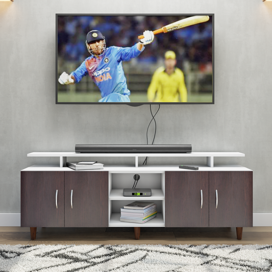 TV unit | 4 Doors, Open Shelves & Extension | Dual Color TV & Entertainment Unit VIKI FURNITURE Frosty White with Dark Wenge