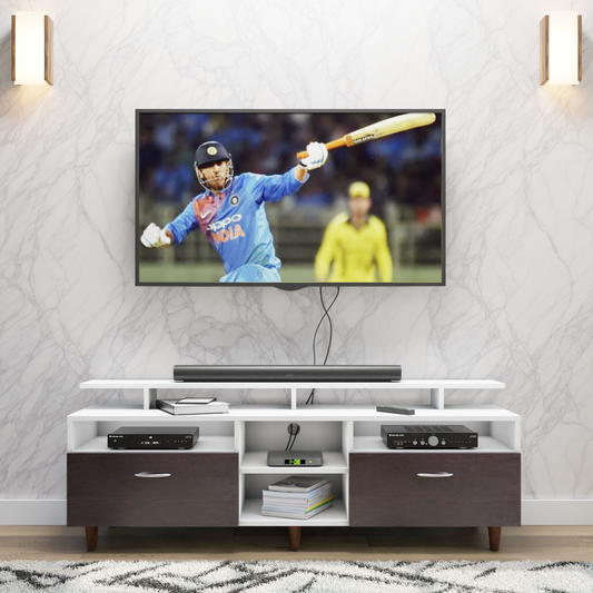 TV Unit | 2 Drawers, Open Shelves & Extension | Dual Color TV & Entertainment Unit VIKI FURNITURE Frosty White with Dark Wenge