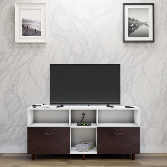 TV unit | 2 Drawers, Shelf & Open Shelves | Dual Color TV & Entertainment Unit VIKI FURNITURE Frosty White with Dark Wenge