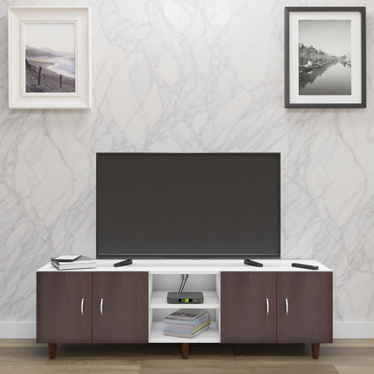 TV unit | 4 Doors, Open Shelves | Dual Color TV & Entertainment Unit VIKI FURNITURE Frosty White with Dark Wenge