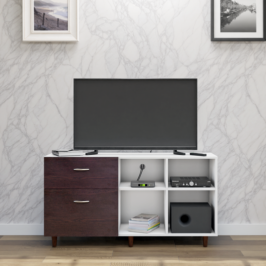 TV Unit | 2 Drawers, Shelf & Open Shelves | Dual Color TV & Entertainment Unit VIKI FURNITURE