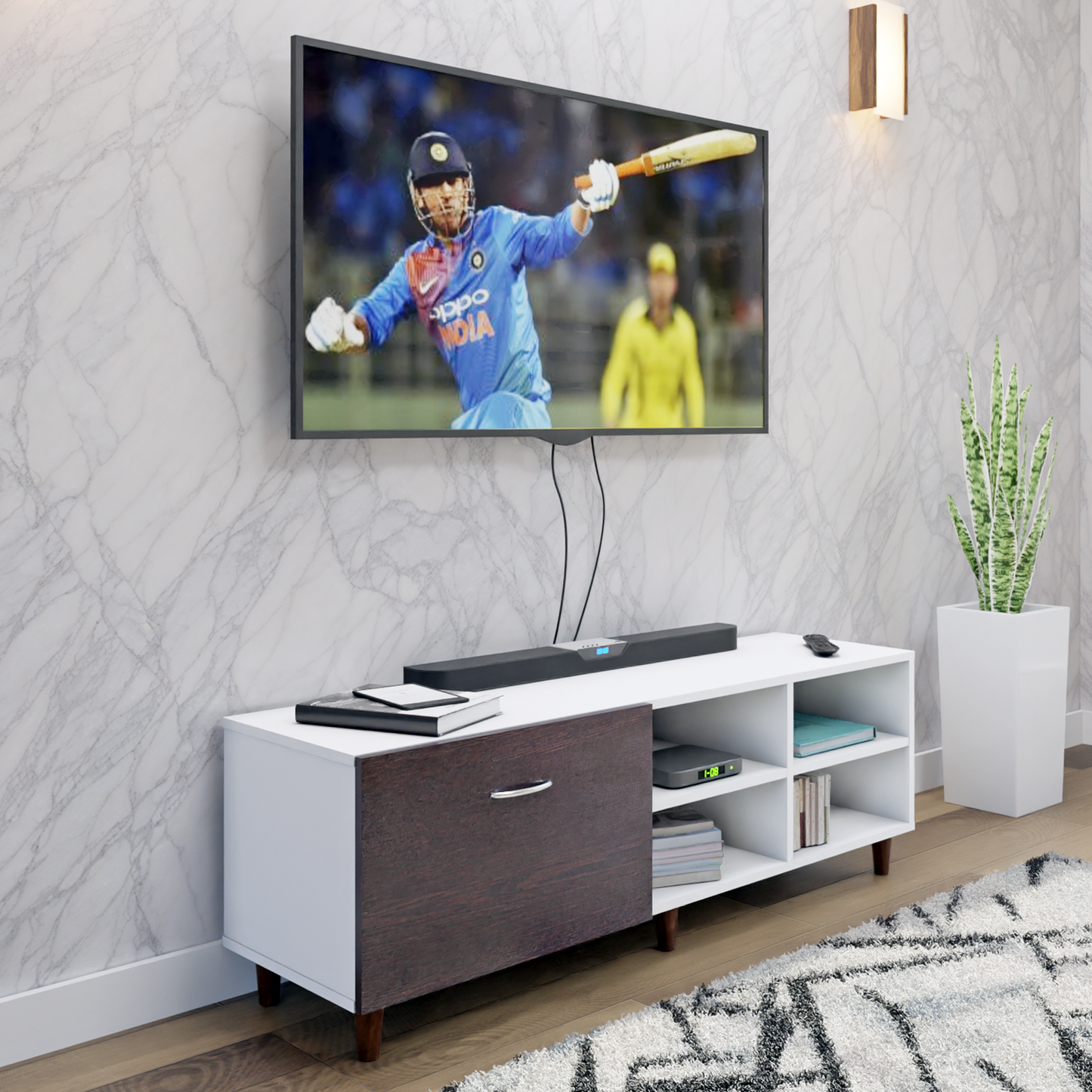 TV Unit | 1 Drawer, Open Shelves | Dual Color TV & Entertainment Unit VIKI FURNITURE Frosty White with Dark Wenge