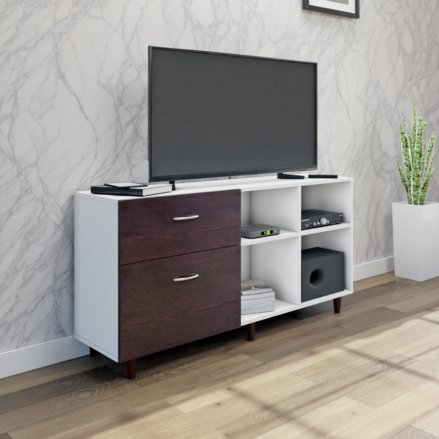 TV Unit | 2 Drawers, Shelf & Open Shelves | Dual Color TV & Entertainment Unit VIKI FURNITURE