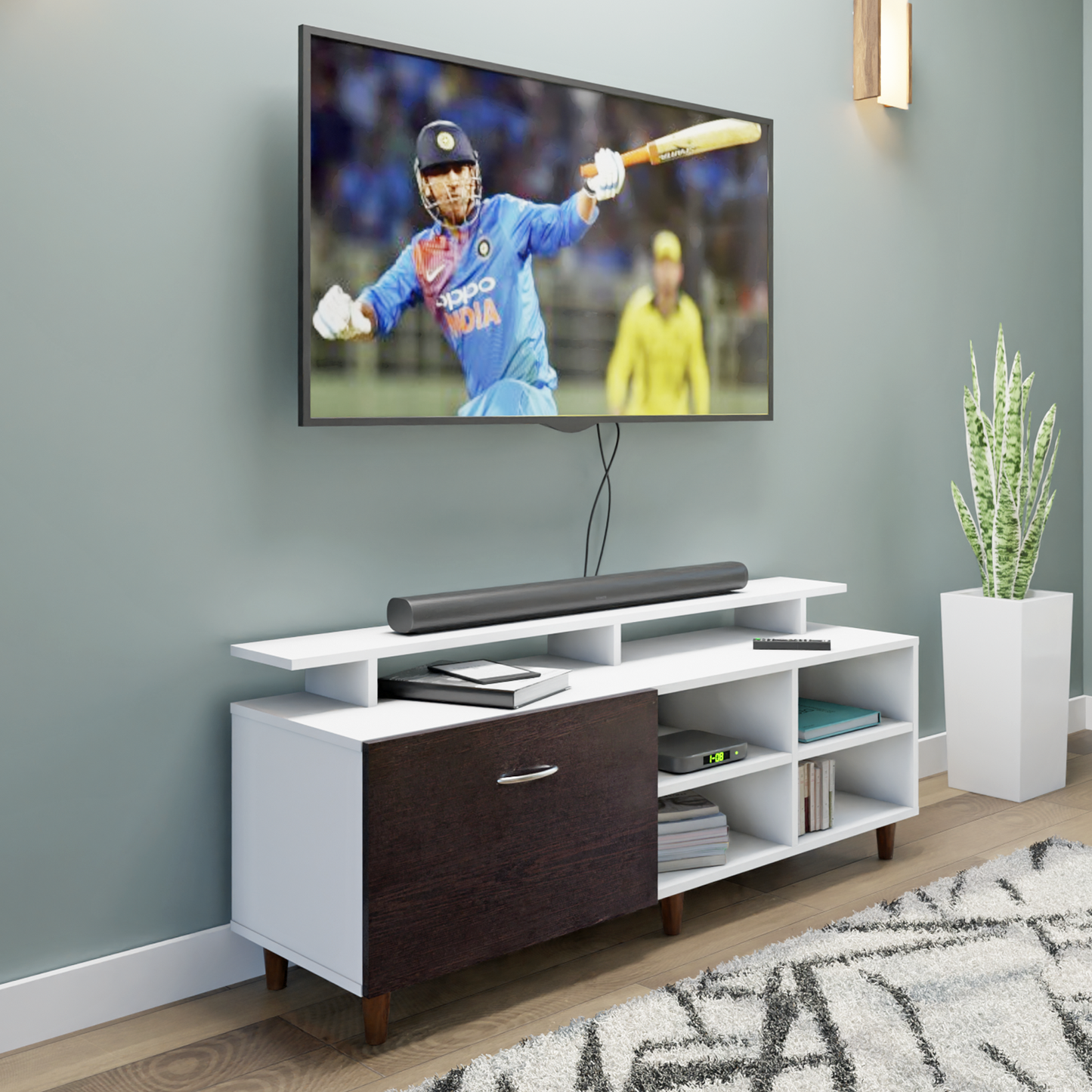 TV Unit | 1 Drawer, Open Shelves & Extension | Dual Color TV & Entertainment Unit VIKI FURNITURE Frosty White with Dark Wenge