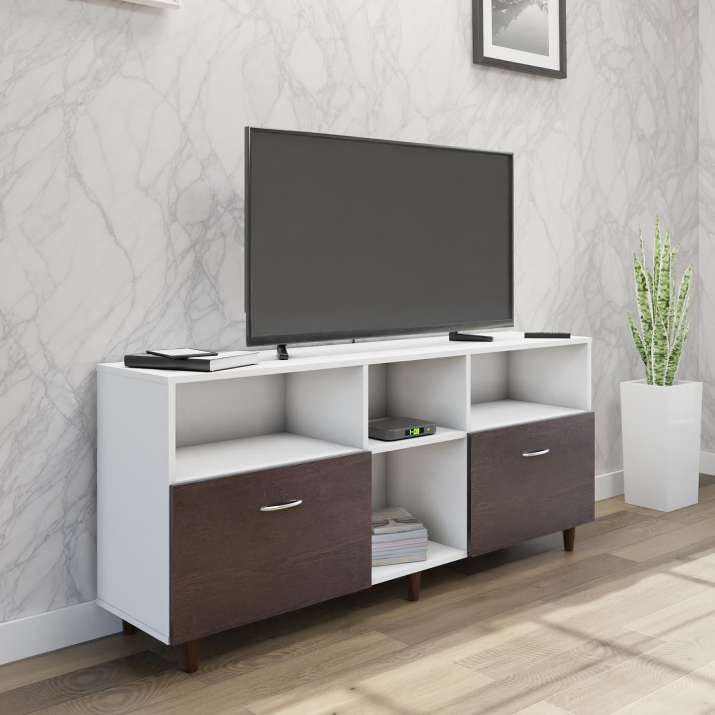 TV unit | 2 Drawers, Shelf & Open Shelves | Dual Color TV & Entertainment Unit VIKI FURNITURE