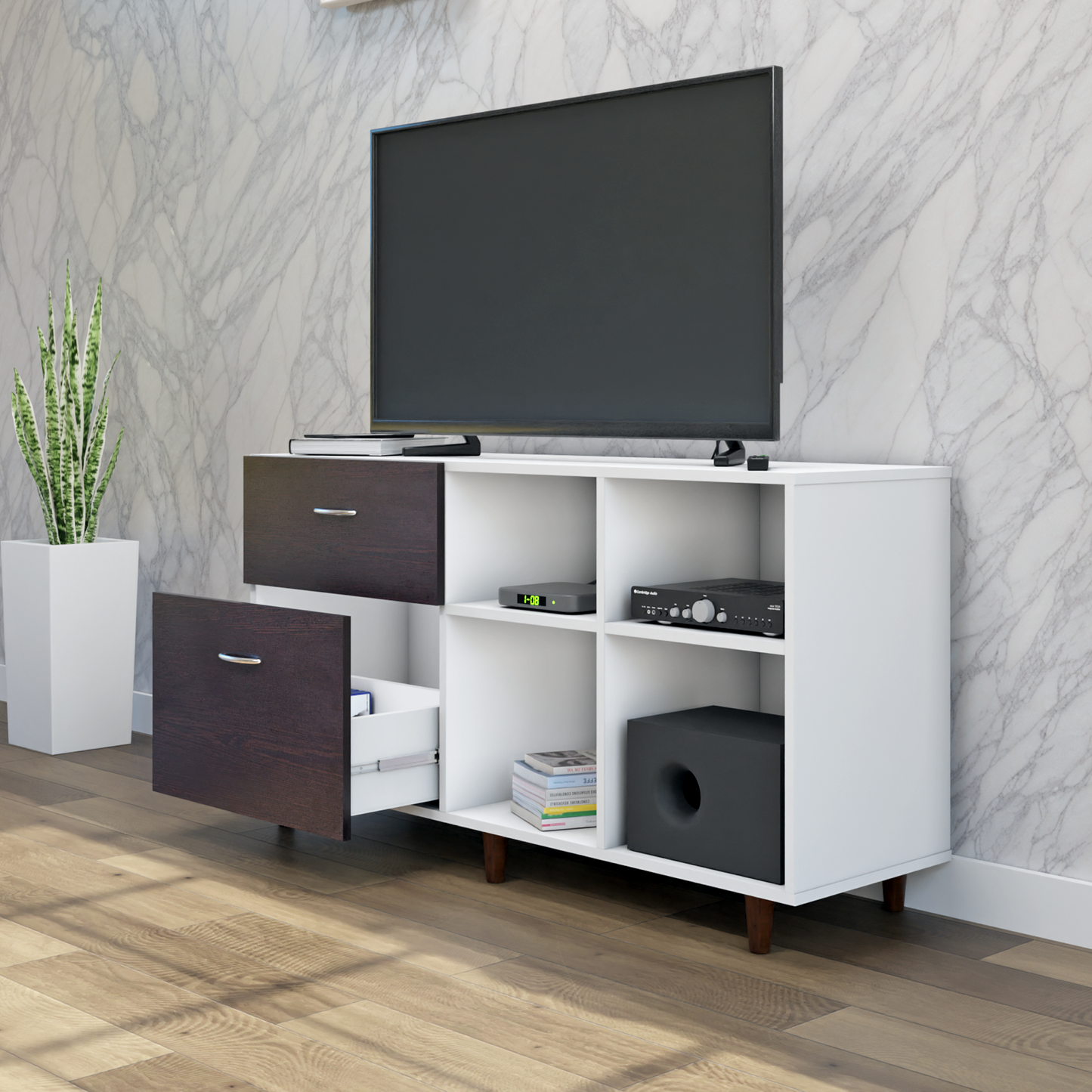 TV Unit | 2 Drawers, Shelf & Open Shelves | Dual Color TV & Entertainment Unit VIKI FURNITURE