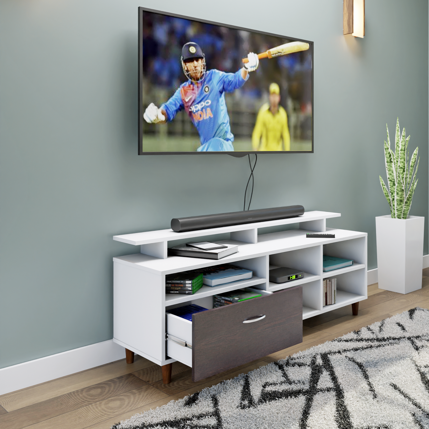 TV Unit | 1 Drawer, Shelf, Open Shelves & Extension | Dual Color TV & Entertainment Unit VIKI FURNITURE