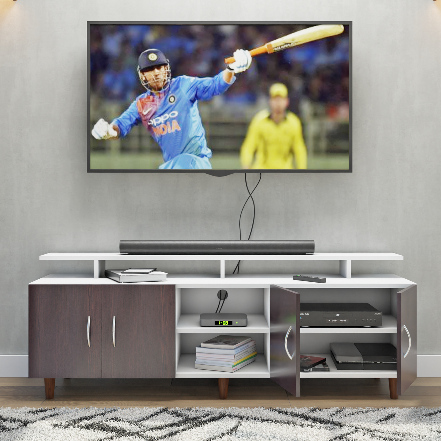 TV unit | 4 Doors, Open Shelves & Extension | Dual Color TV & Entertainment Unit VIKI FURNITURE