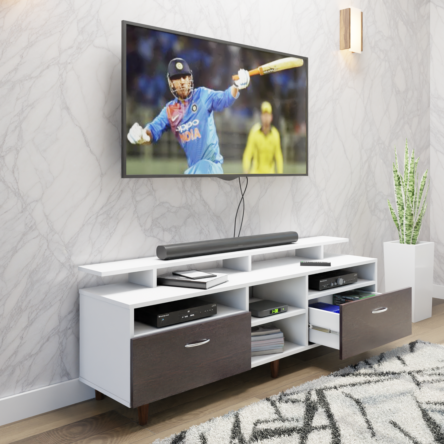 TV Unit | 2 Drawers, Open Shelves & Extension | Dual Color TV & Entertainment Unit VIKI FURNITURE