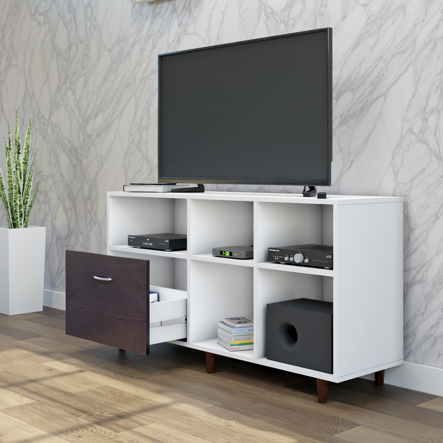 TV Unit | 1 Drawer, Shelf & Open Shelves | Dual Color TV & Entertainment Unit VIKI FURNITURE