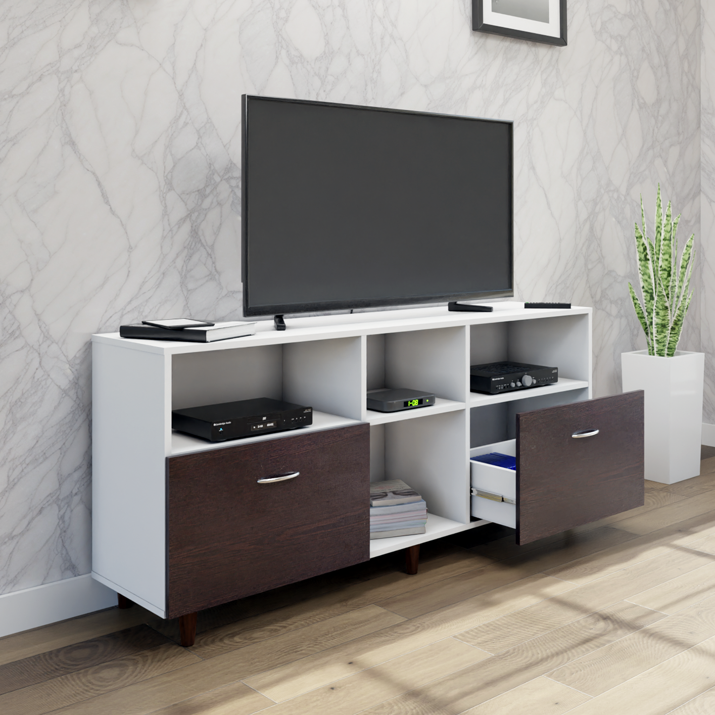 TV unit | 2 Drawers, Shelf & Open Shelves | Dual Color TV & Entertainment Unit VIKI FURNITURE