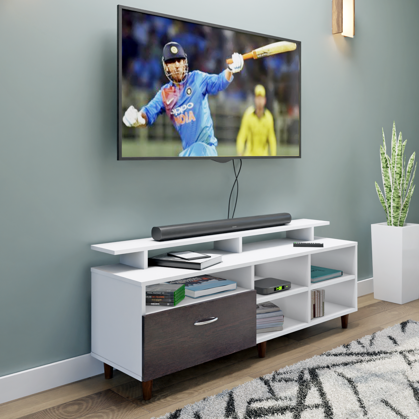 TV Unit | 1 Drawer, Shelf, Open Shelves & Extension | Dual Color TV & Entertainment Unit VIKI FURNITURE Frosty White with Dark Wenge