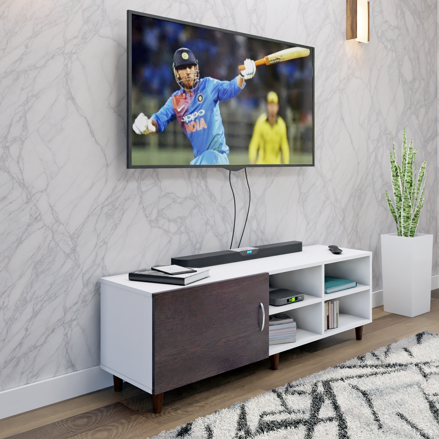 TV Unit | 1 Door, Open Shelves | Dual Color TV & Entertainment Unit VIKI FURNITURE Frosty White with Dark Wenge