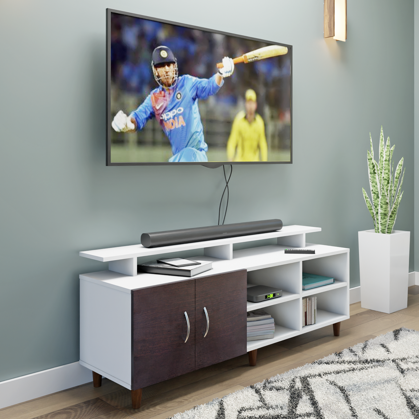TV Unit | 2 Door, Open Shelves & Extension | Dual Color TV & Entertainment Unit VIKI FURNITURE Frosty White with Dark Wenge