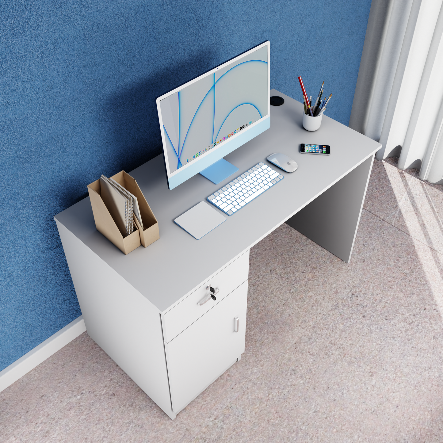 VIKI Engineered Wood Desk/Study Table 1 Drawer with 1 Door (Suede Finish, Frosty White and Wenge)