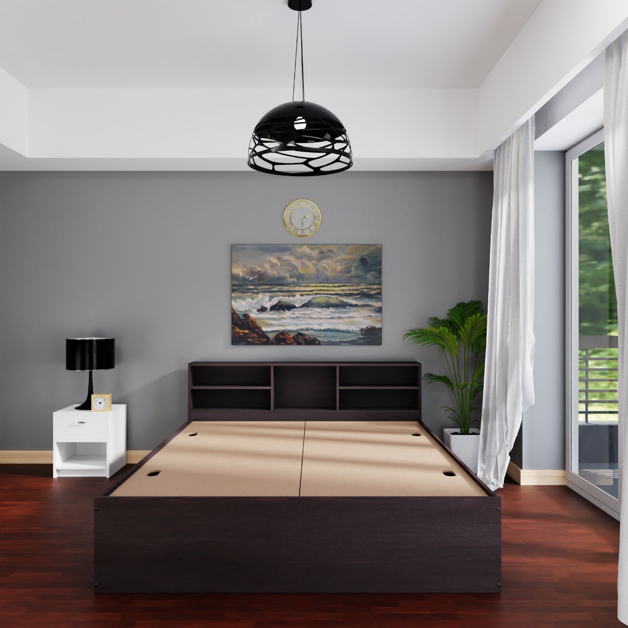 VIKI Engineered Wood Bed With Shelf (Queen size)-2100x1700x800-Frosty white & Wenge Bedroom Furniture Sets VIKI FURNITURE