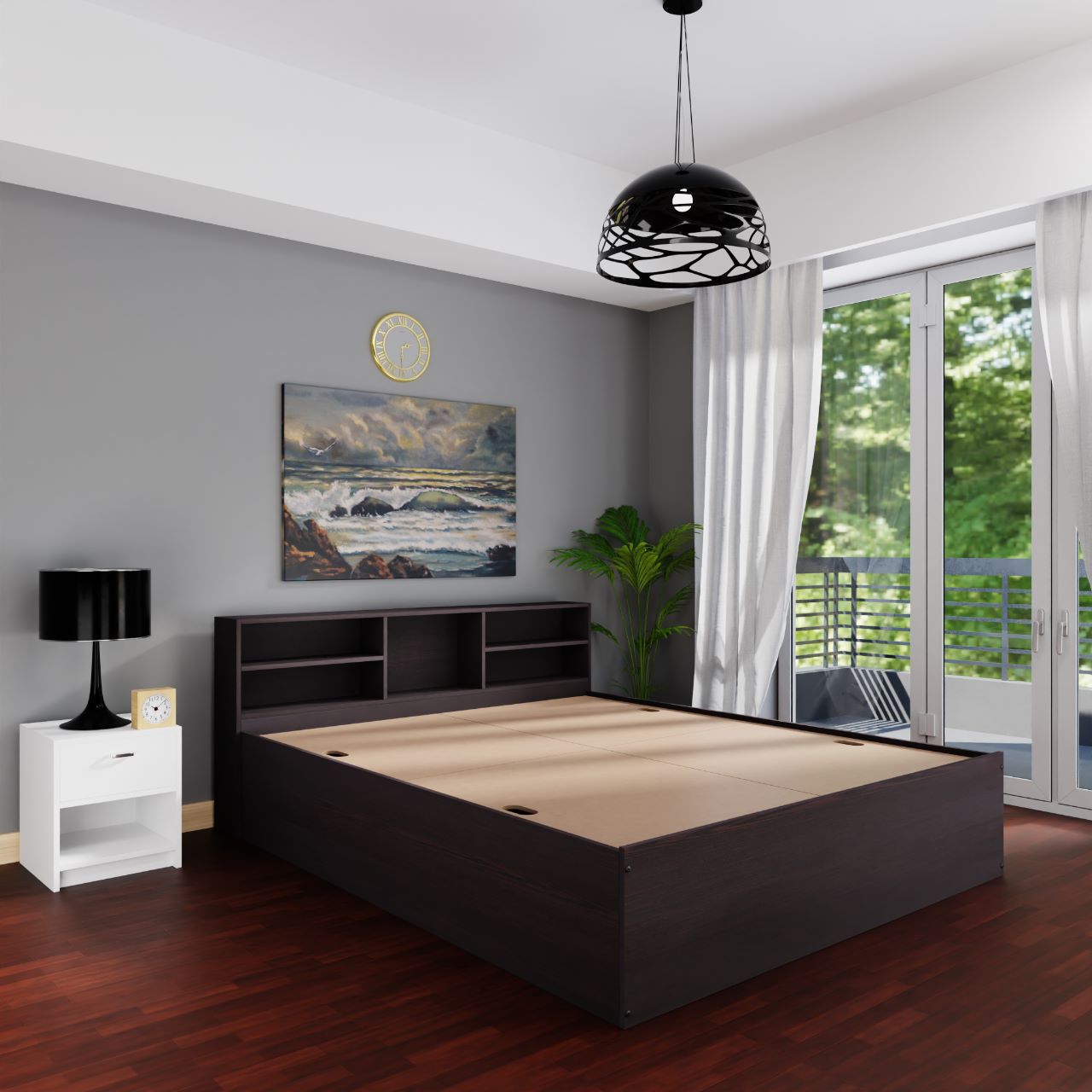 VIKI Engineered Wood Bed With Shelf (Queen size)-2100x1700x800-Frosty white & Wenge Bedroom Furniture Sets VIKI FURNITURE