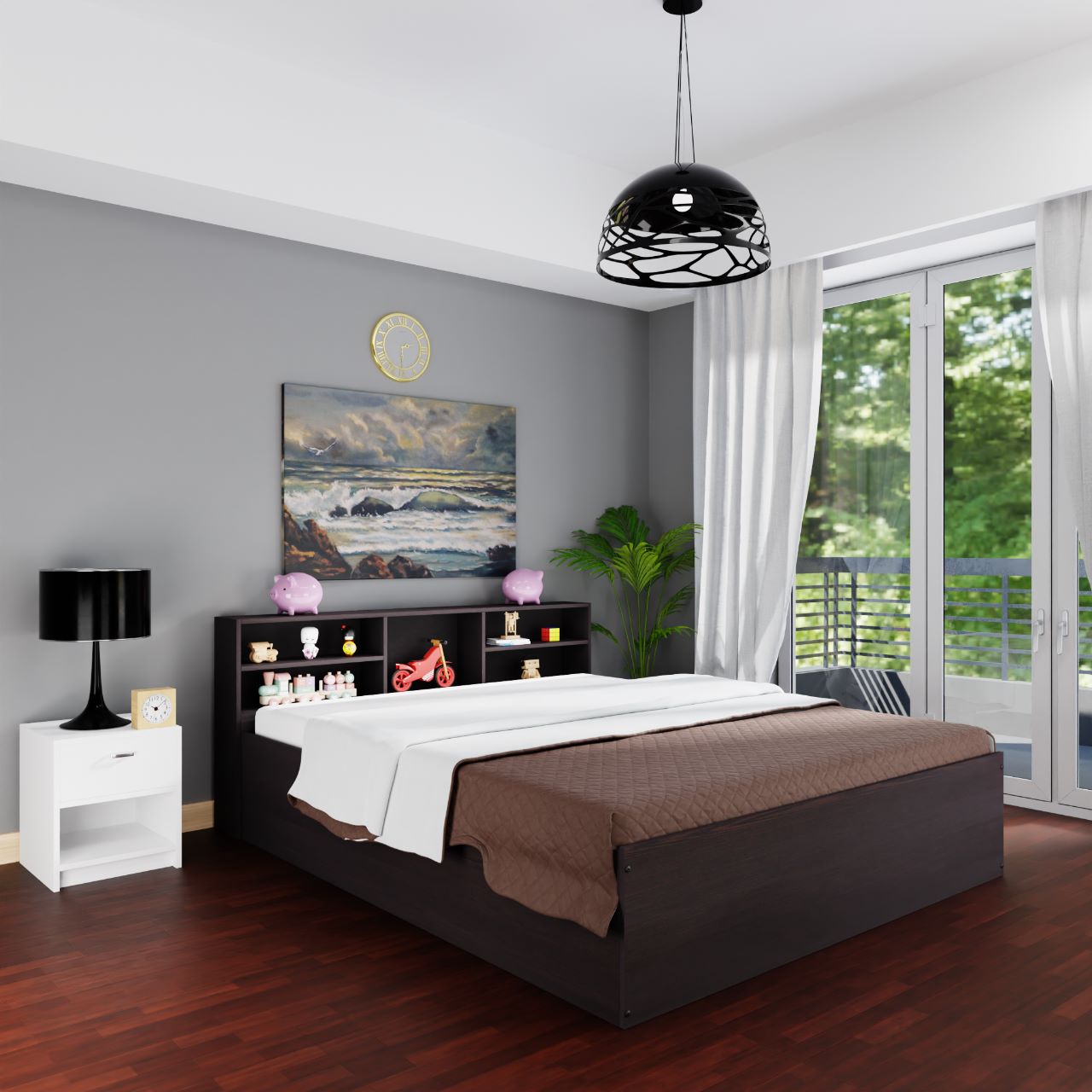 VIKI Engineered Wood Bed With Shelf (Queen size)-2100x1700x800-Frosty white & Wenge Bedroom Furniture Sets VIKI FURNITURE Wenge