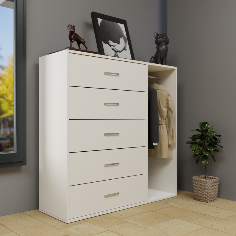 KAYAL | Chest of 5 Drawer with Cloth Hanger | Frosty white/Wenge Bedroom Furniture Sets VIKI FURNITURE Frosty White