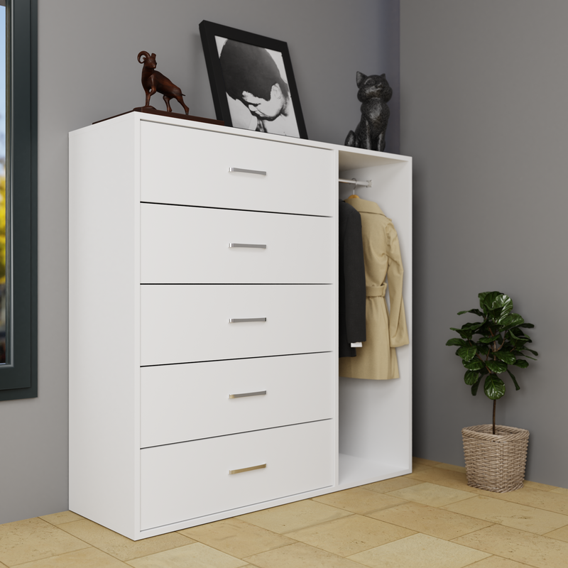 KAYAL | Chest of 5 Drawer with Cloth Hanger | Frosty white/Wenge Bedroom Furniture Sets VIKI FURNITURE