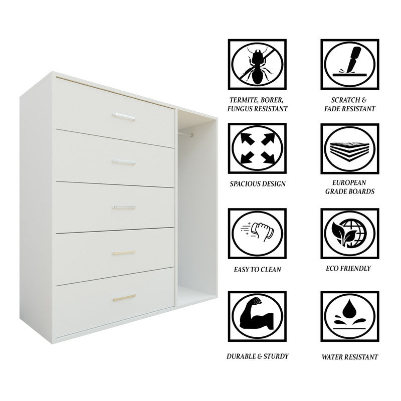 KAYAL | Chest of 5 Drawer with Cloth Hanger | Frosty white/Wenge Bedroom Furniture Sets VIKI FURNITURE