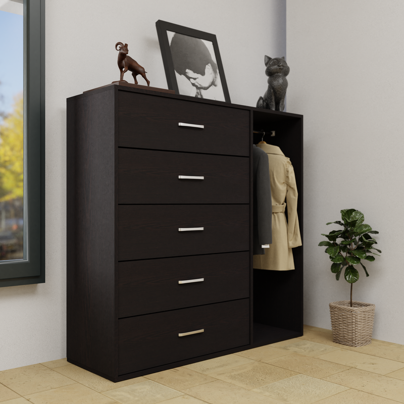 KAYAL | Chest of 5 Drawer with Cloth Hanger | Frosty white/Wenge Bedroom Furniture Sets VIKI FURNITURE Dark Wenge  