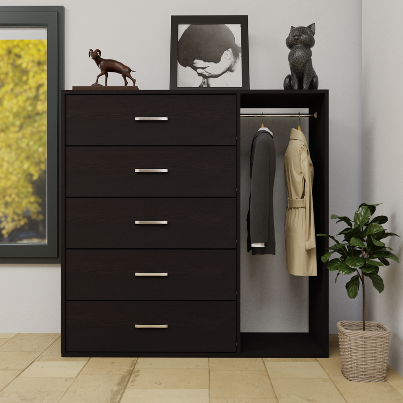 KAYAL | Chest of 5 Drawer with Cloth Hanger | Frosty white/Wenge Bedroom Furniture Sets VIKI FURNITURE