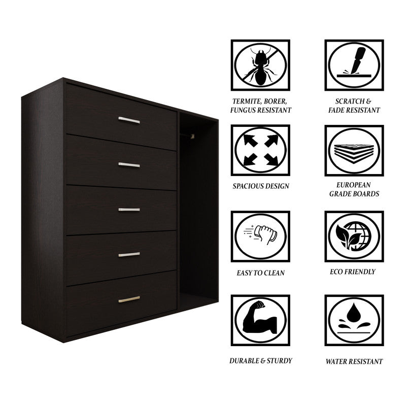 KAYAL | Chest of 5 Drawer with Cloth Hanger | Frosty white/Wenge Bedroom Furniture Sets VIKI FURNITURE