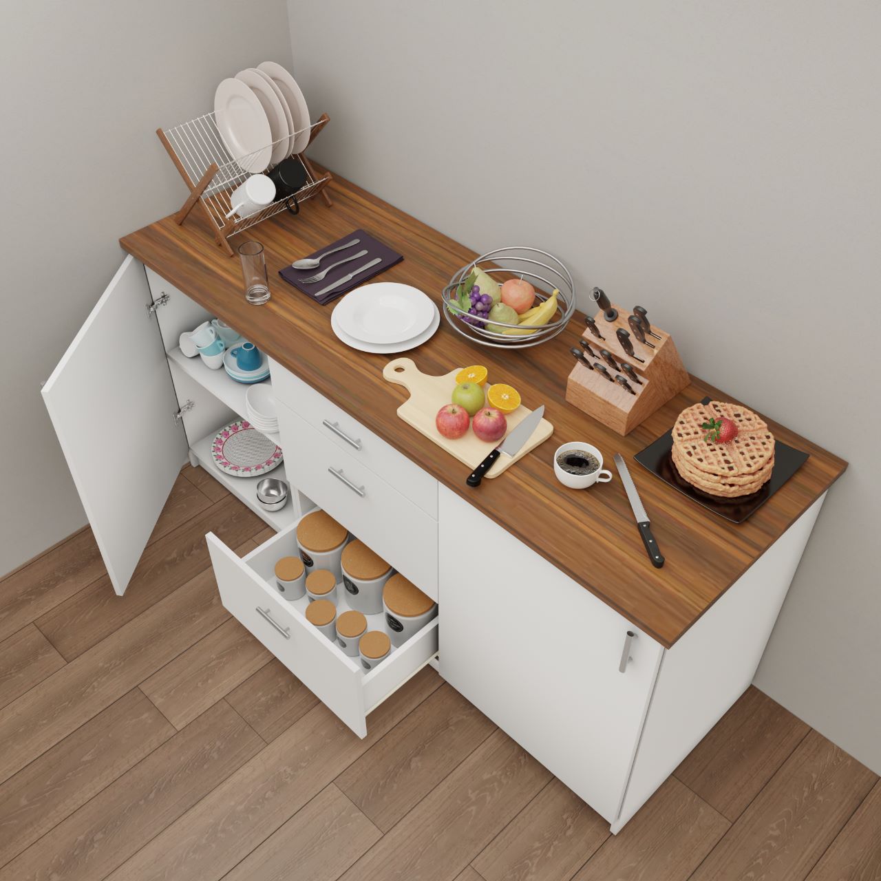 VIKI Kitchen Base Cabinets with 3 drawer cabin , 2 doors - size : 180x88x60 CM ( Frosty White ) kitchen cabinet VIKI FURNITURE