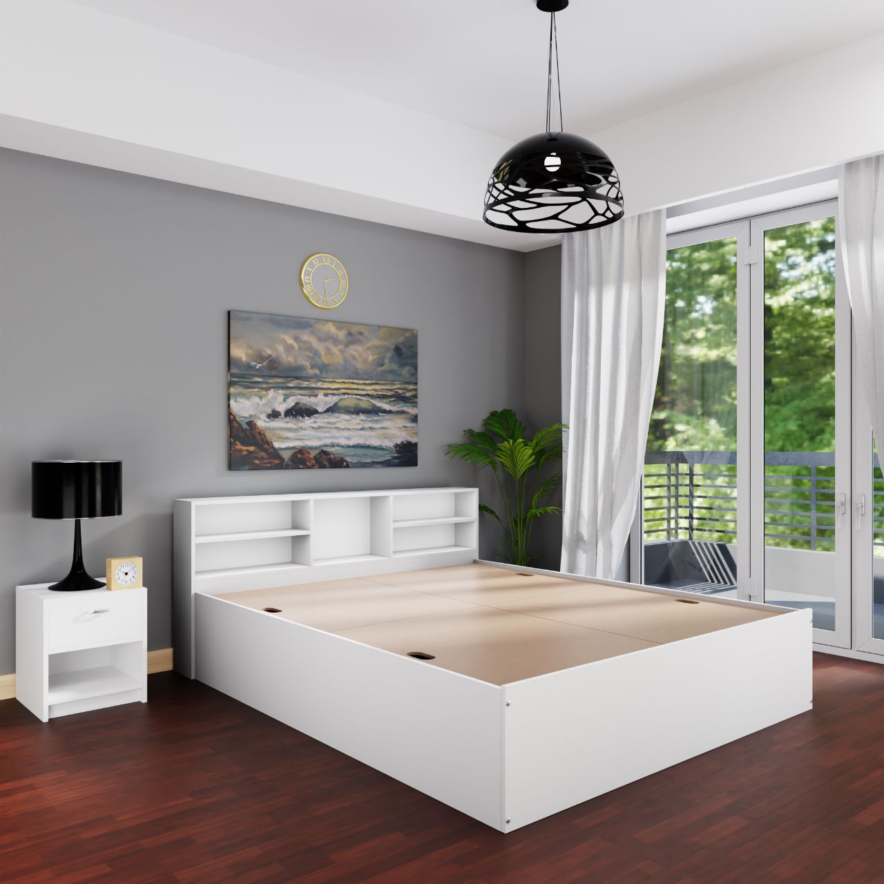 VIKI Engineered Wood Bed With Shelf (Queen size)-2100x1700x800-Frosty white & Wenge Bedroom Furniture Sets VIKI FURNITURE