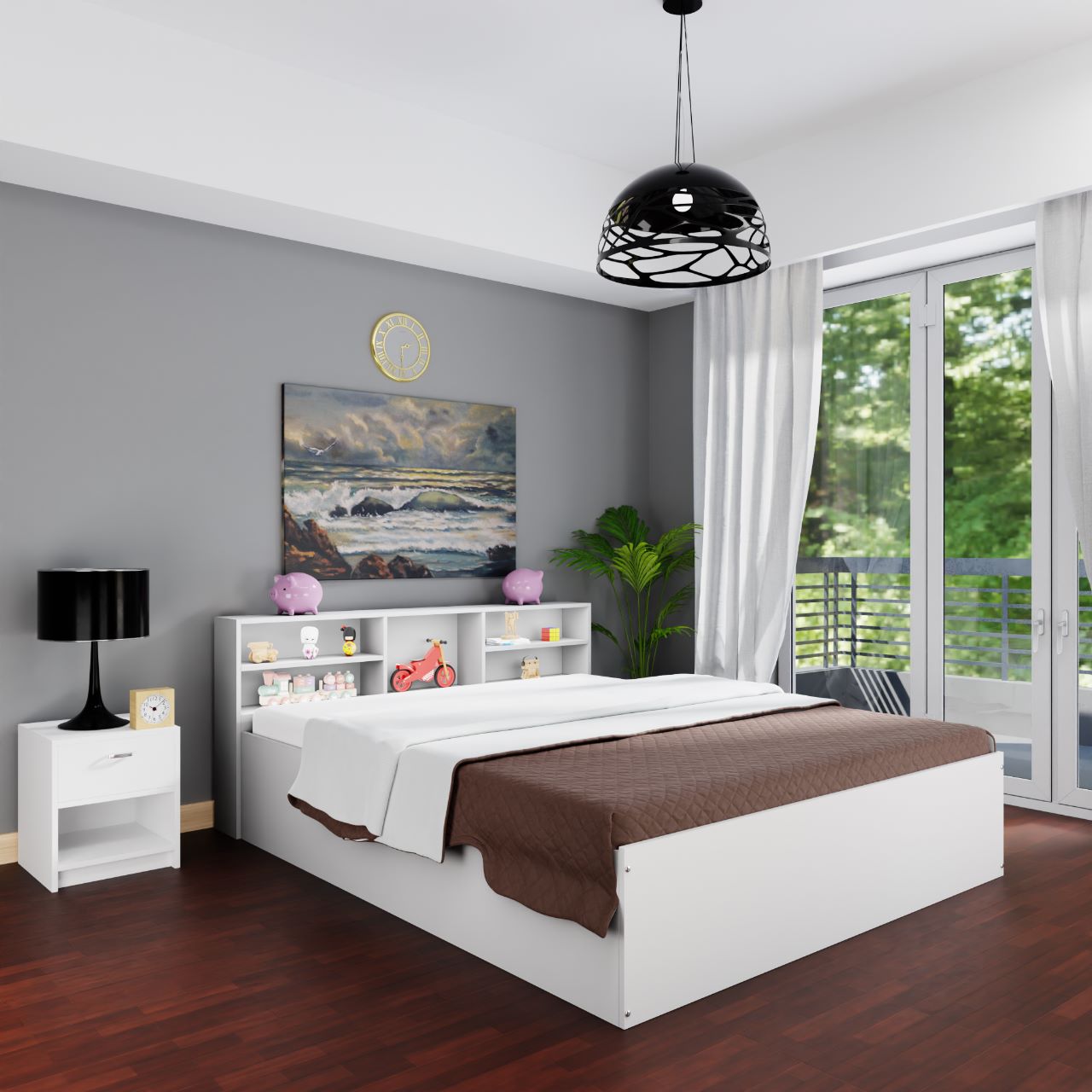 VIKI Engineered Wood Bed With Shelf (Queen size)-2100x1700x800-Frosty white & Wenge Bedroom Furniture Sets VIKI FURNITURE Frosty White