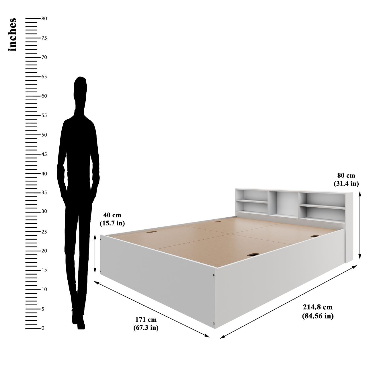 VIKI Engineered Wood Bed With Shelf (Queen size)-2100x1700x800-Frosty white & Wenge Bedroom Furniture Sets VIKI FURNITURE