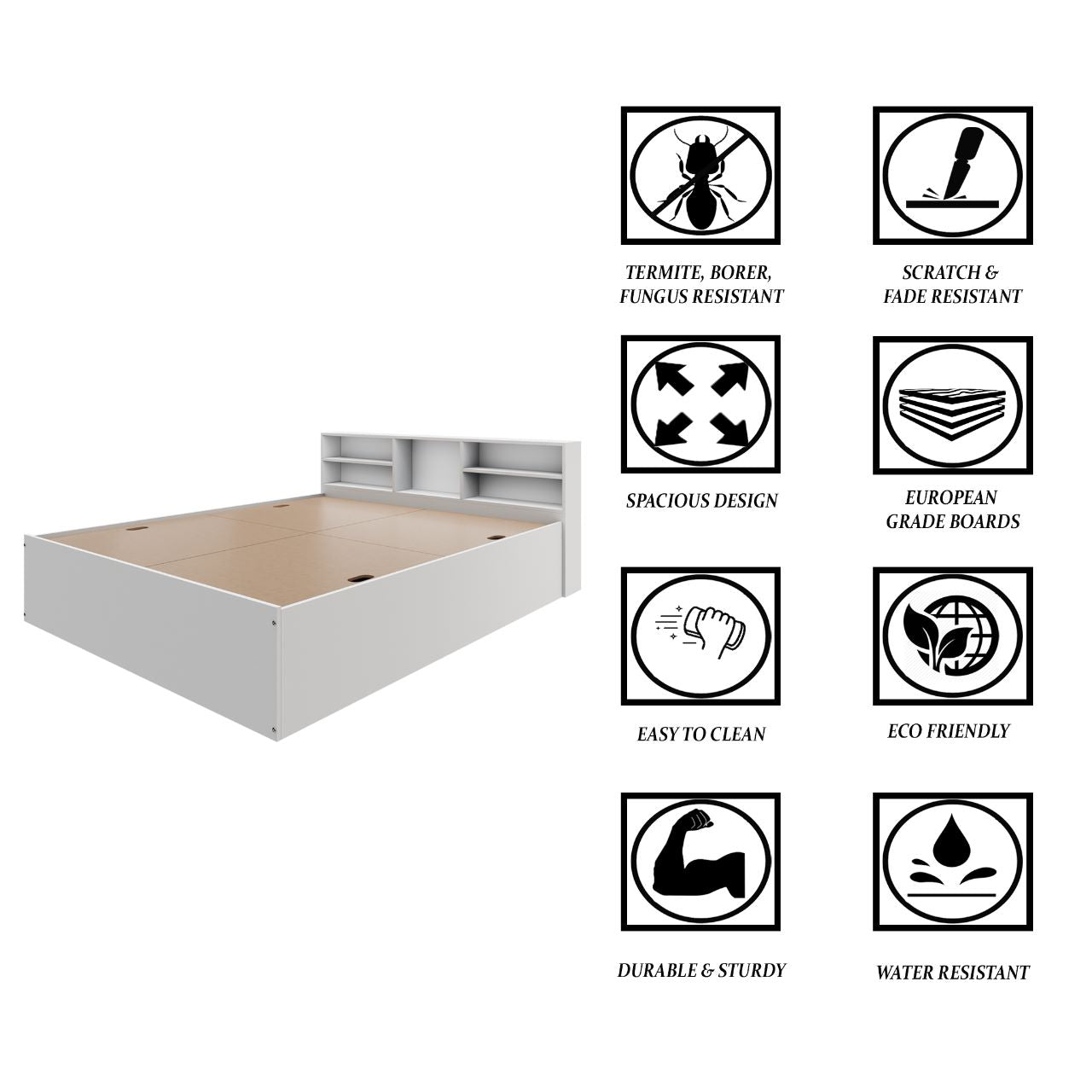 VIKI Engineered Wood Bed With Shelf (Queen size)-2100x1700x800-Frosty white & Wenge Bedroom Furniture Sets VIKI FURNITURE