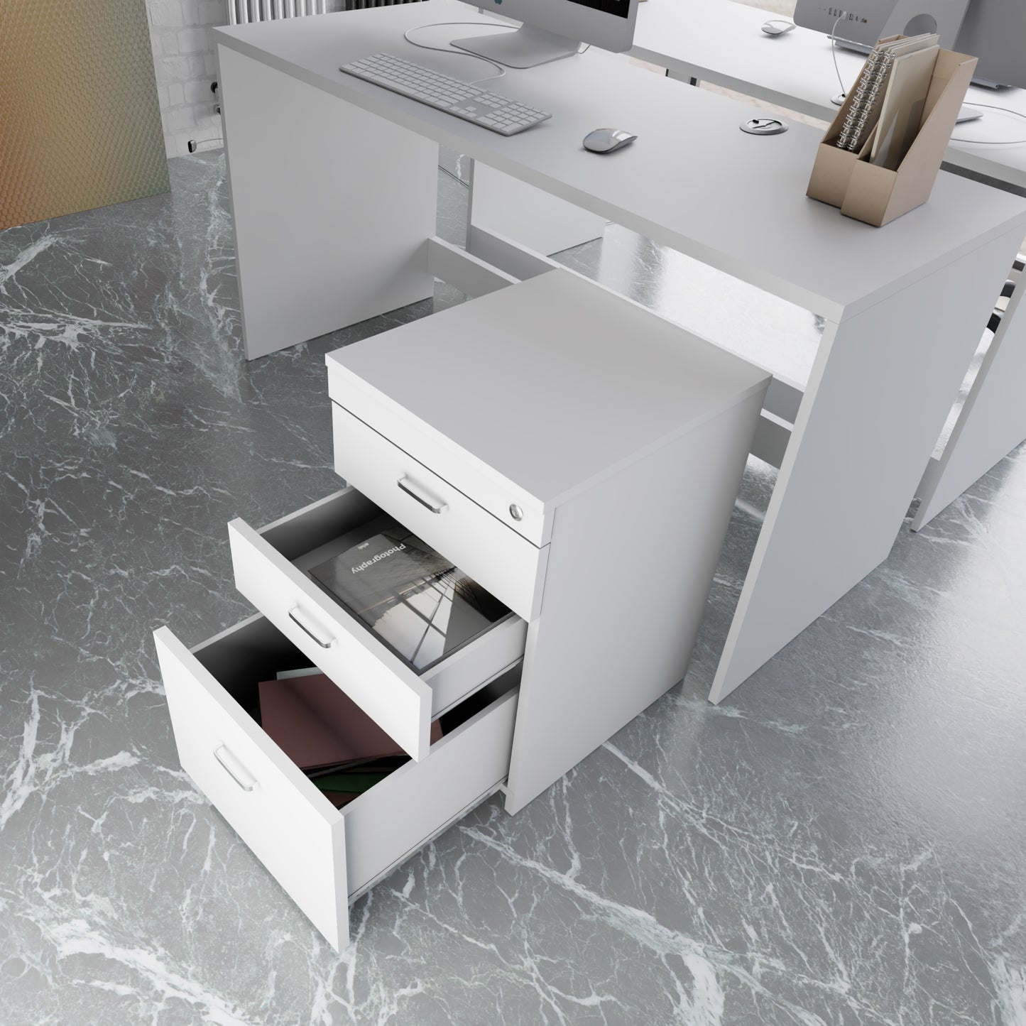 Pedestal 3 Drawer unit with standard lock (Suede Finish , Frosty white and Wenge ) piedestal