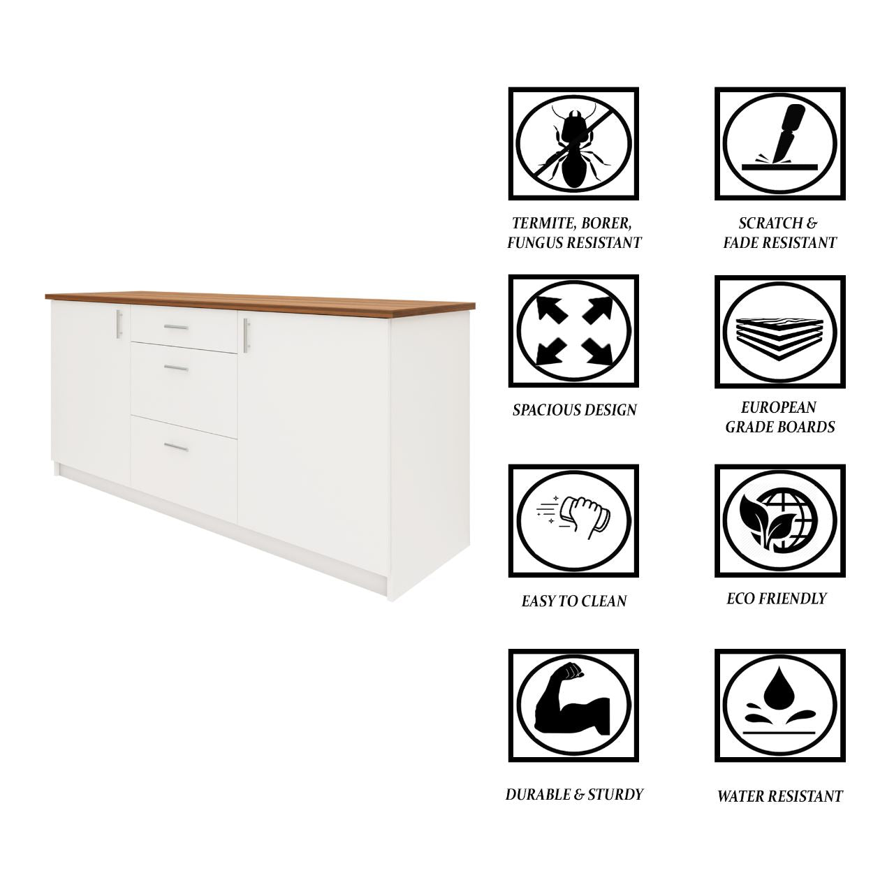 VIKI Kitchen Base Cabinets with 3 drawer cabin , 2 doors - size : 180x88x60 CM ( Frosty White ) kitchen cabinet VIKI FURNITURE