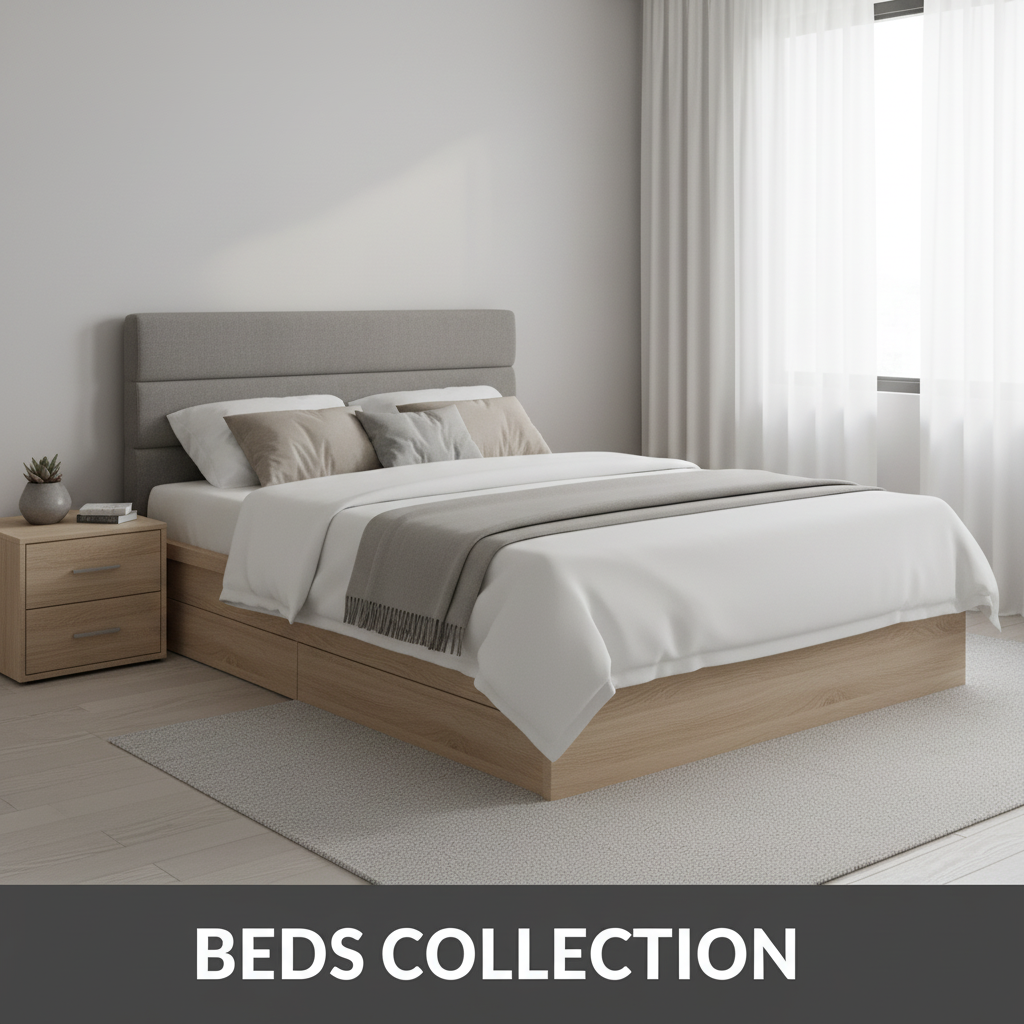 Contemporary platform bed made of high-grade engineered wood with oak finish