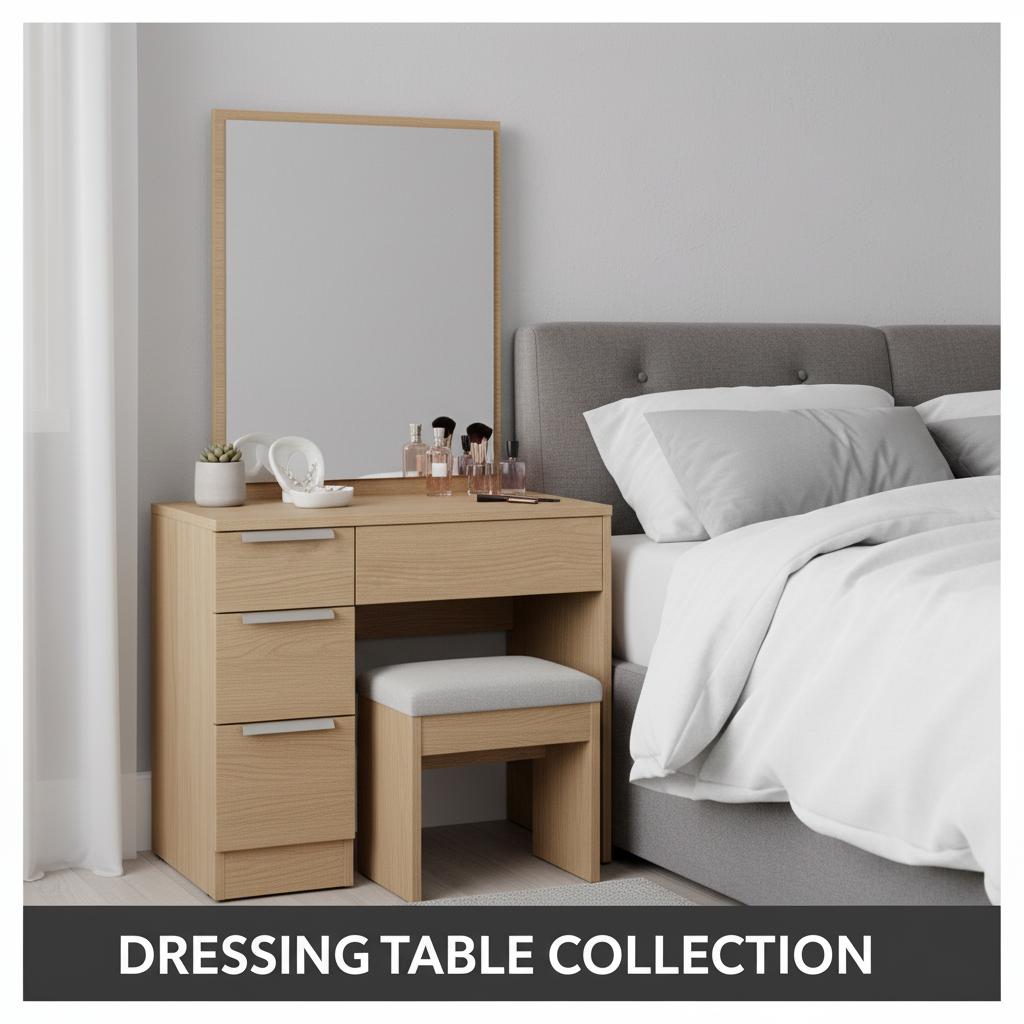 Modern dressing table with large round mirror and multiple storage drawers