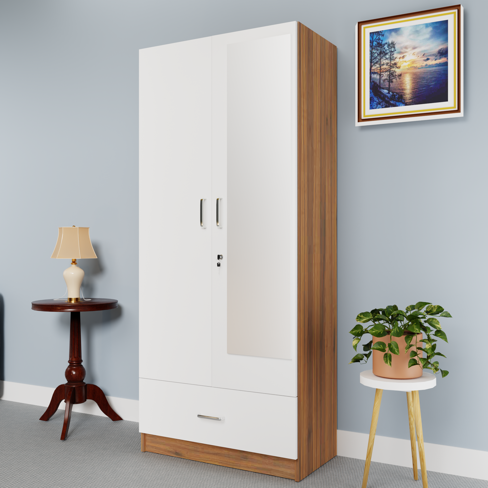 VIKI | Almirah for 2 Door Wardrobe with 1 Drawer & Hanging Space with Mirror( 40D x 80W x 180.8H) Wardrobes VIKI FURNITURE White & Walnut
