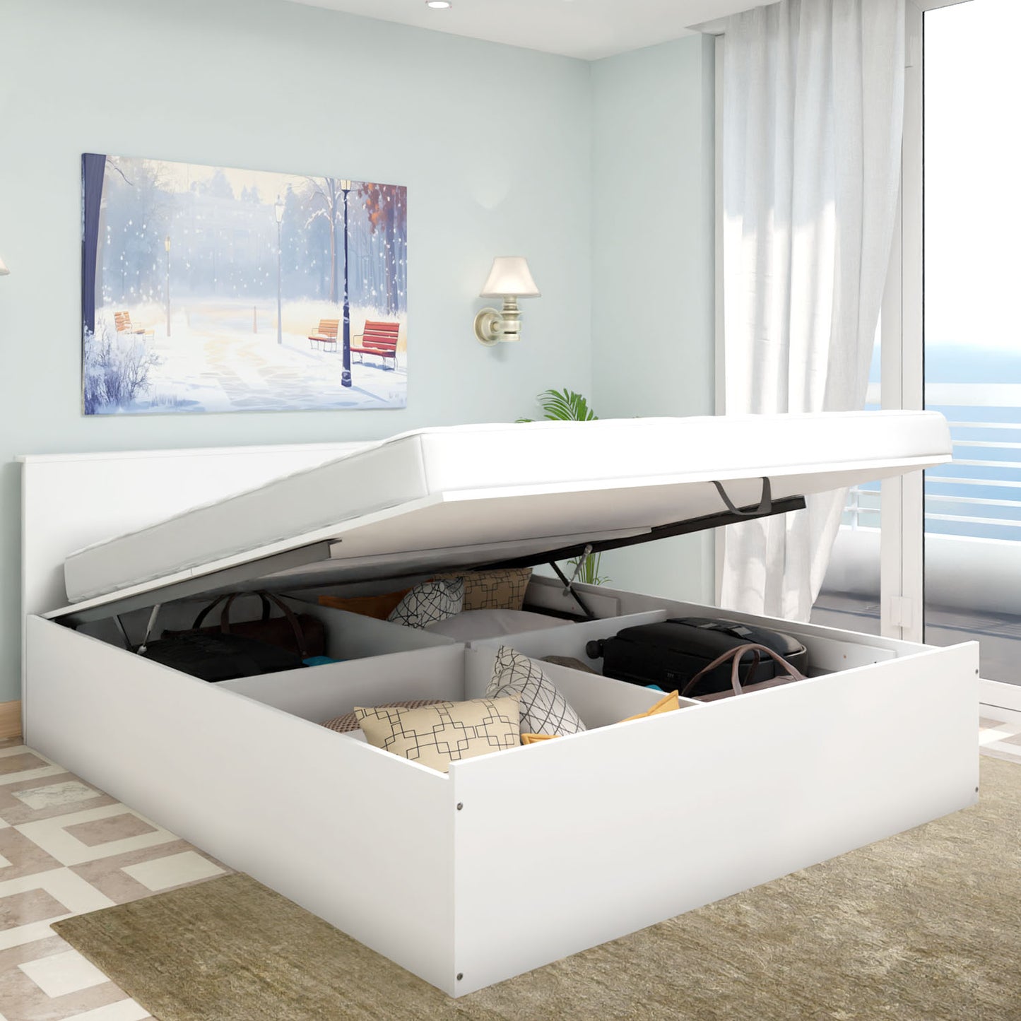 VIKI | Hydraulic Engineered Wood Bed with Storage, Bedroom Bed Bedroom Furniture Sets VIKI FURNITURE Frosty White Queen