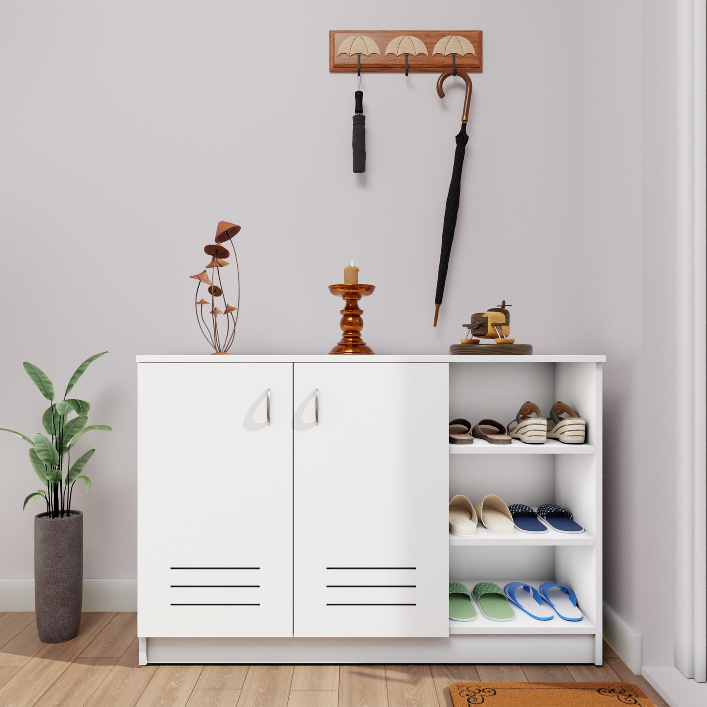 KAYA | Two Louver Door and One Open Shoe Rack  VIKI FURNITURE Frosty White  