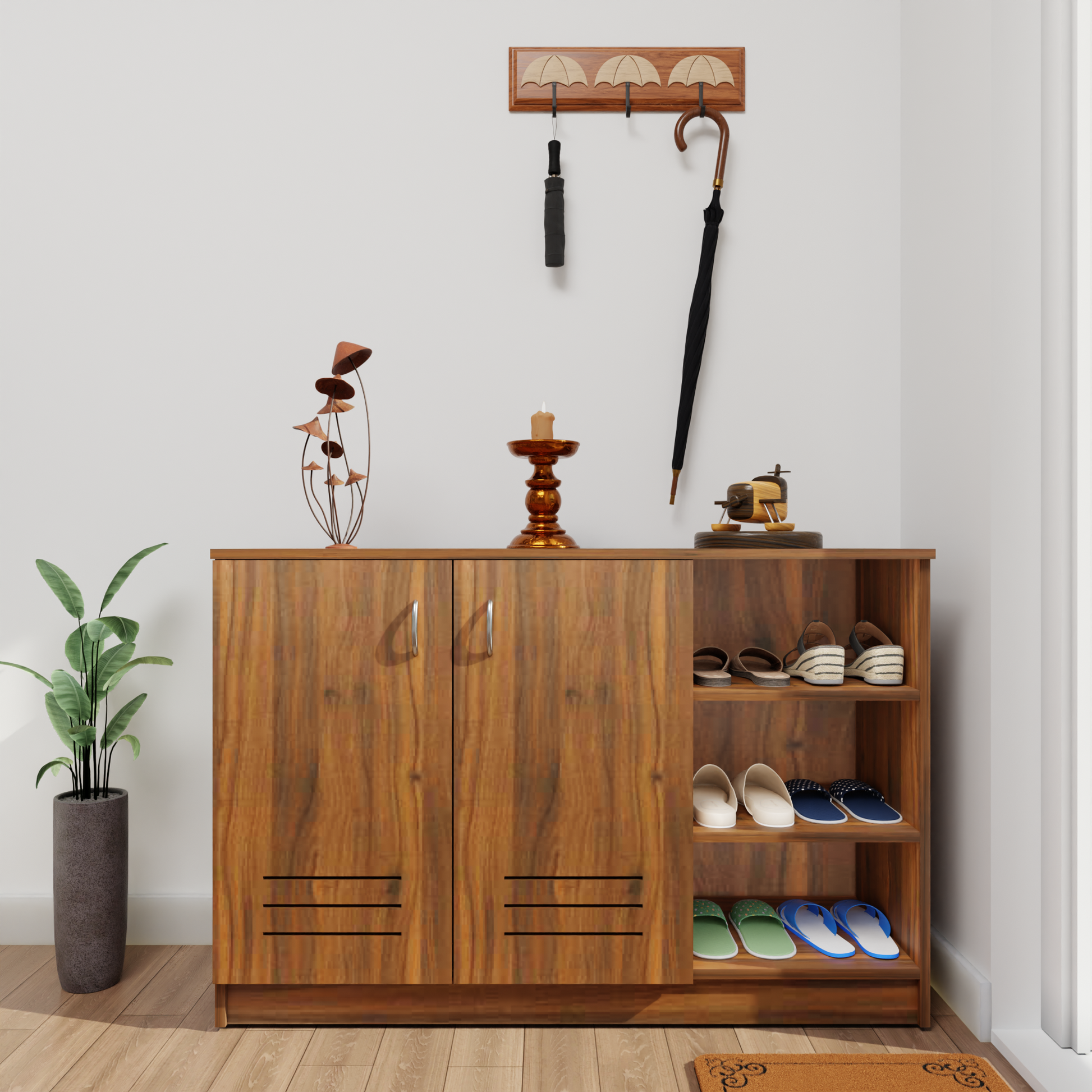 KAYA | Two Louver Door and One Open Shoe Rack VIKI FURNITURE Walnet