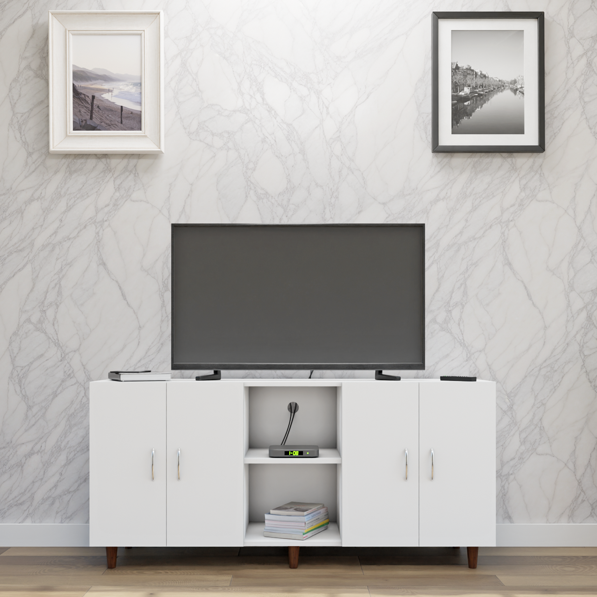 TV Unit | 4 Doors, Open Shelves | Single Color TV & Entertainment Unit VIKI FURNITURE